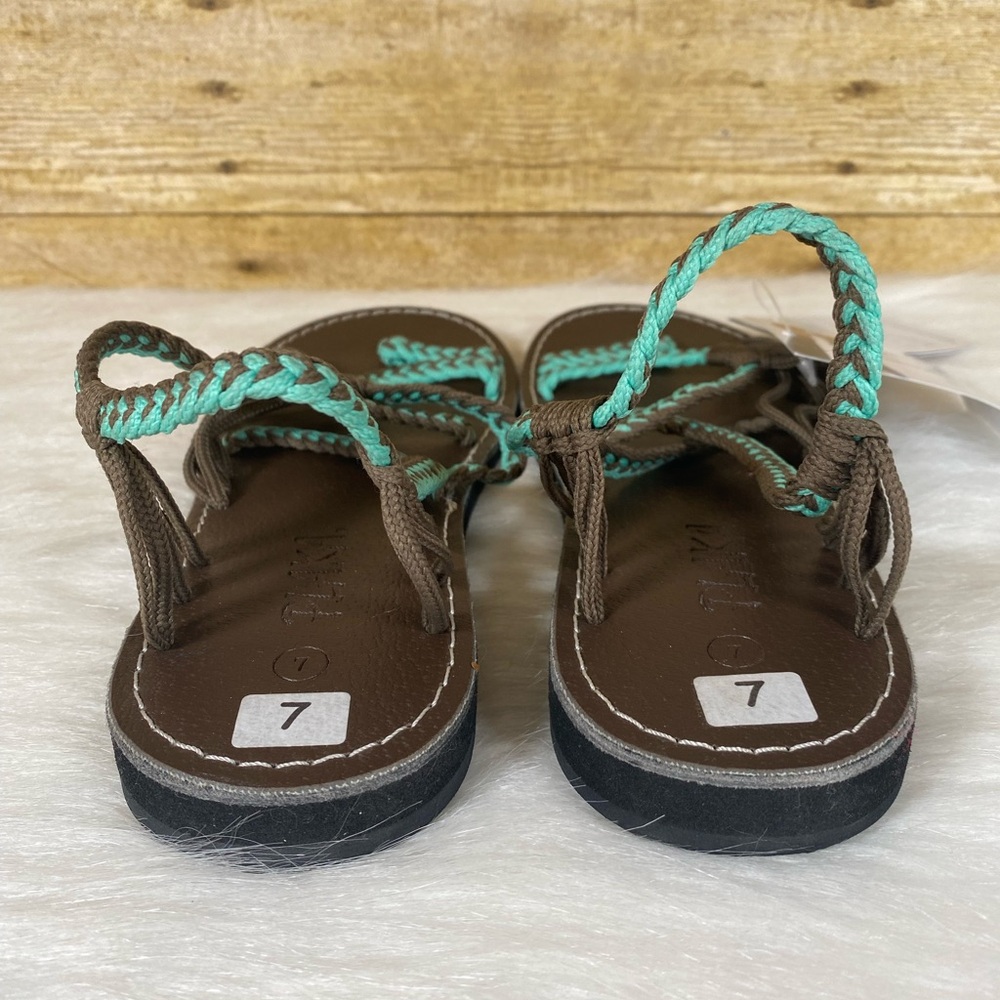 PLAKA Women's Sz 7 Palm Leaf Boho Braided Sandals Brown Turquoise Oceanside NWT - Picture 5 of 7